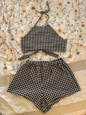 Gingham Two-Piece Halter Top Shorts Set
